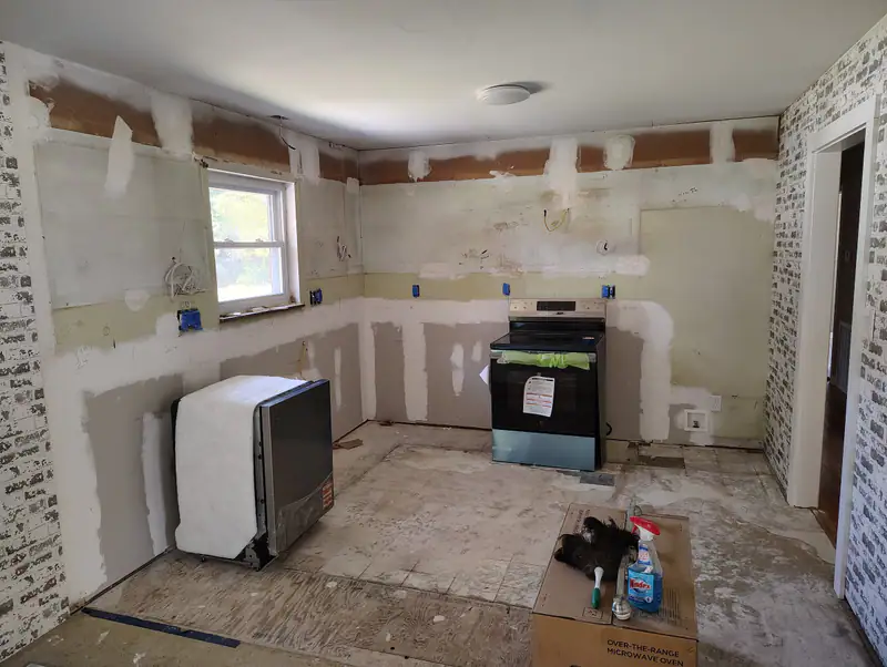 Kitchen with walls patched and the floor torn out, mid-redo