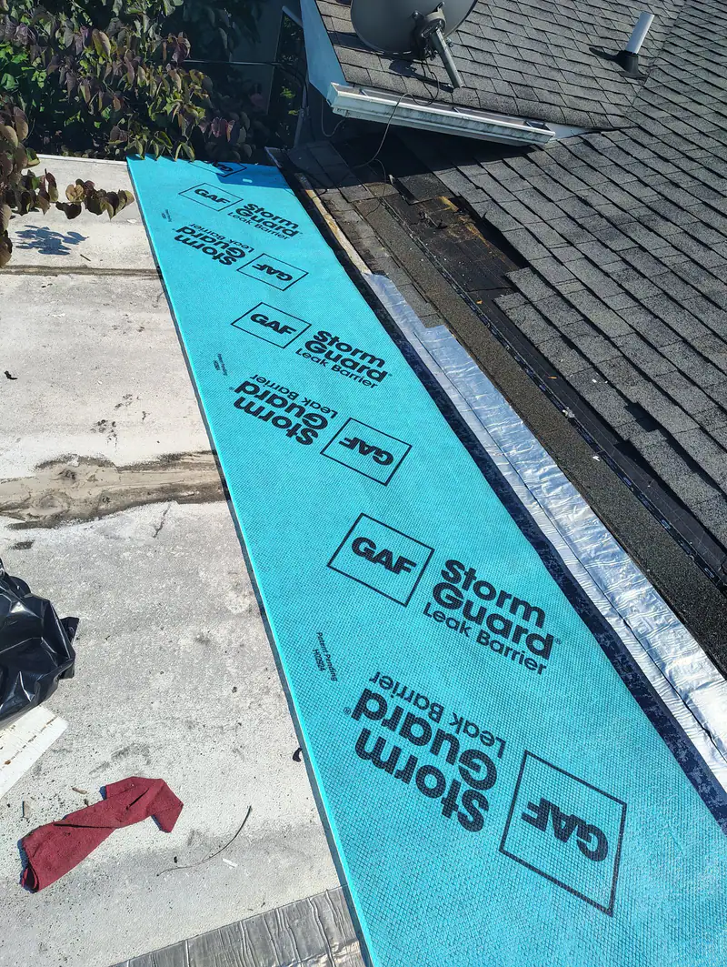 Leak barrier laid along a roof edge before the shingles go back