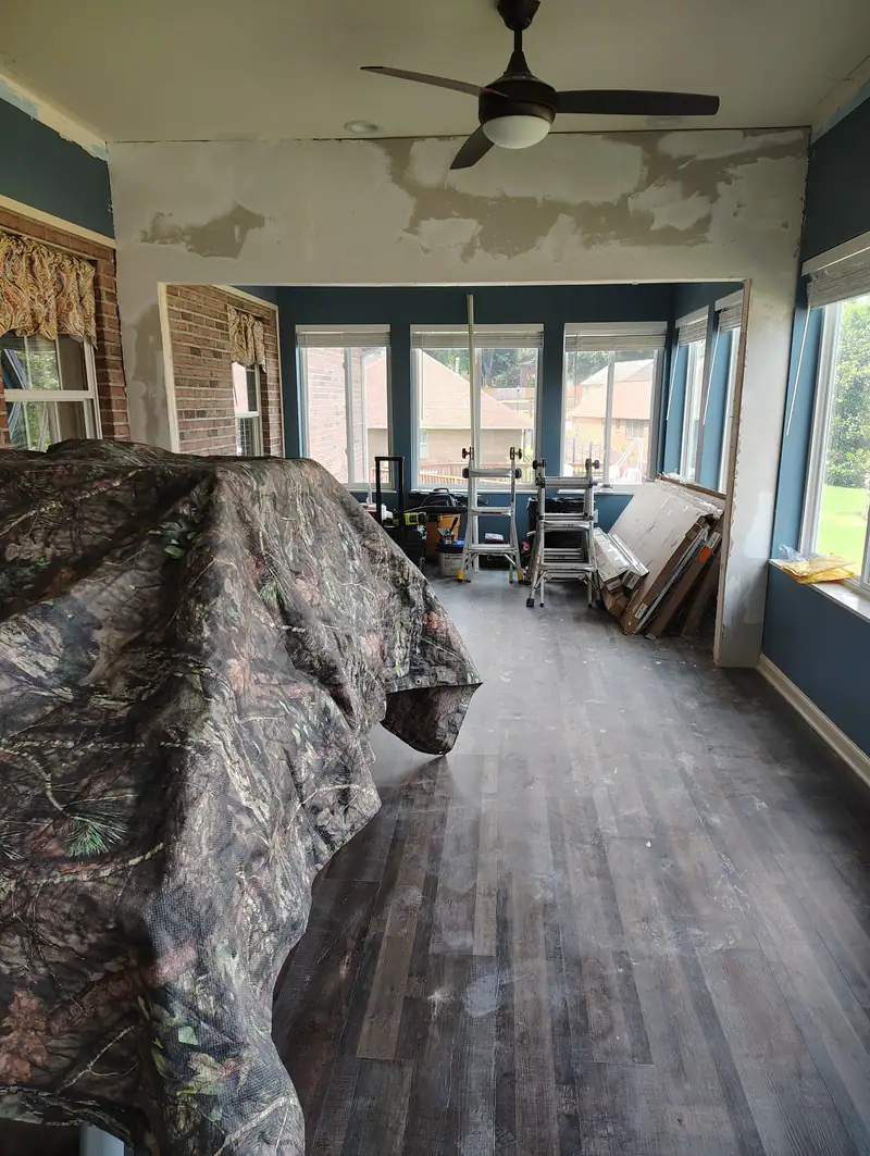 Sunroom with the old ceiling torn out, before the redo
