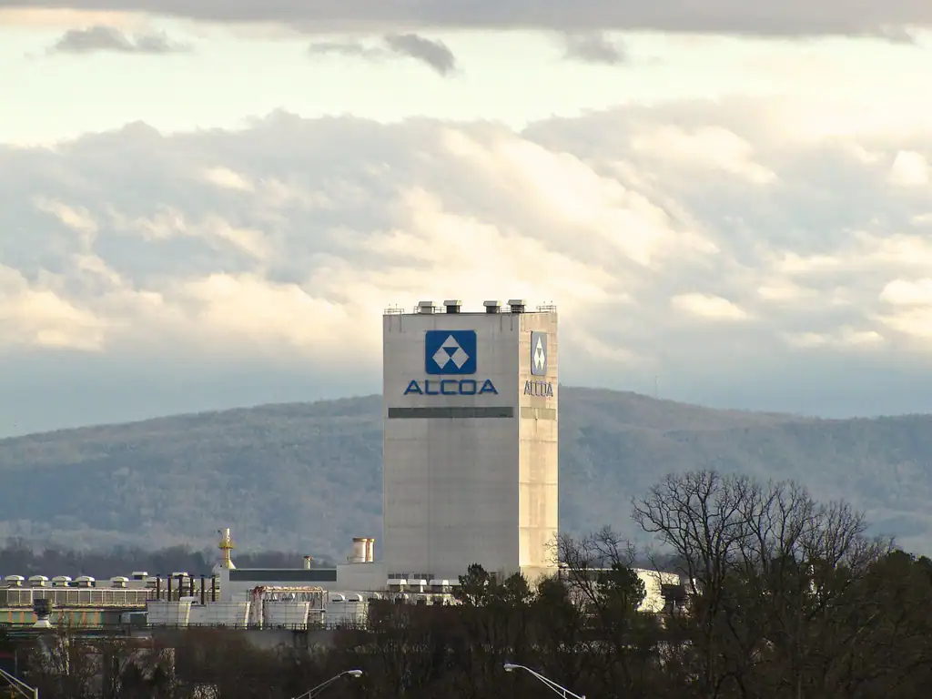 The Alcoa plant tower with the Smoky Mountain foothills behind, Alcoa, Tennessee
