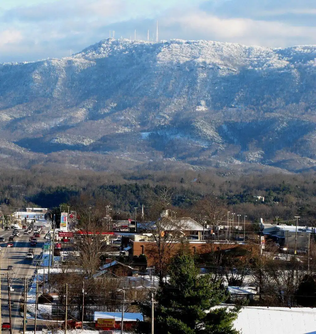 Bluff Mountain above Chapman Highway in Seymour, Tennessee, after a snowfall