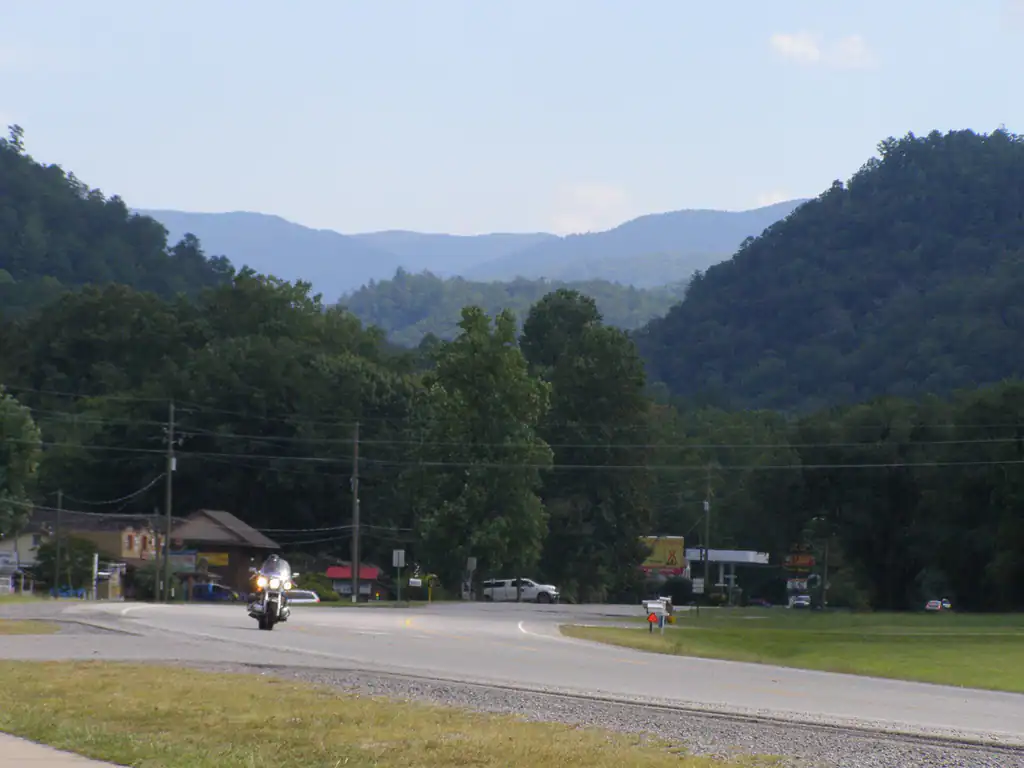 Alexander Highway in Townsend, Tennessee, with the Smokies rising behind